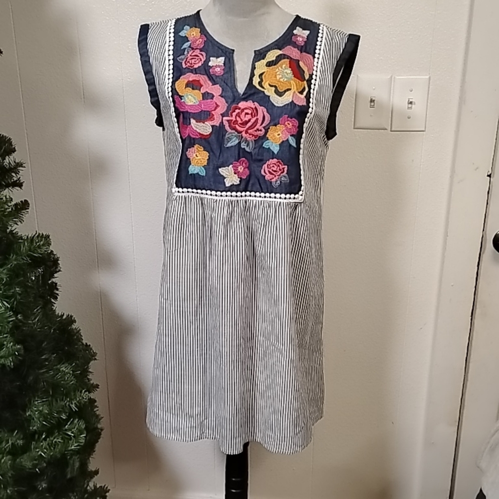 Savanna Jane Sleeveless Dress Small Striped Embroidered Blue Boho Artsy